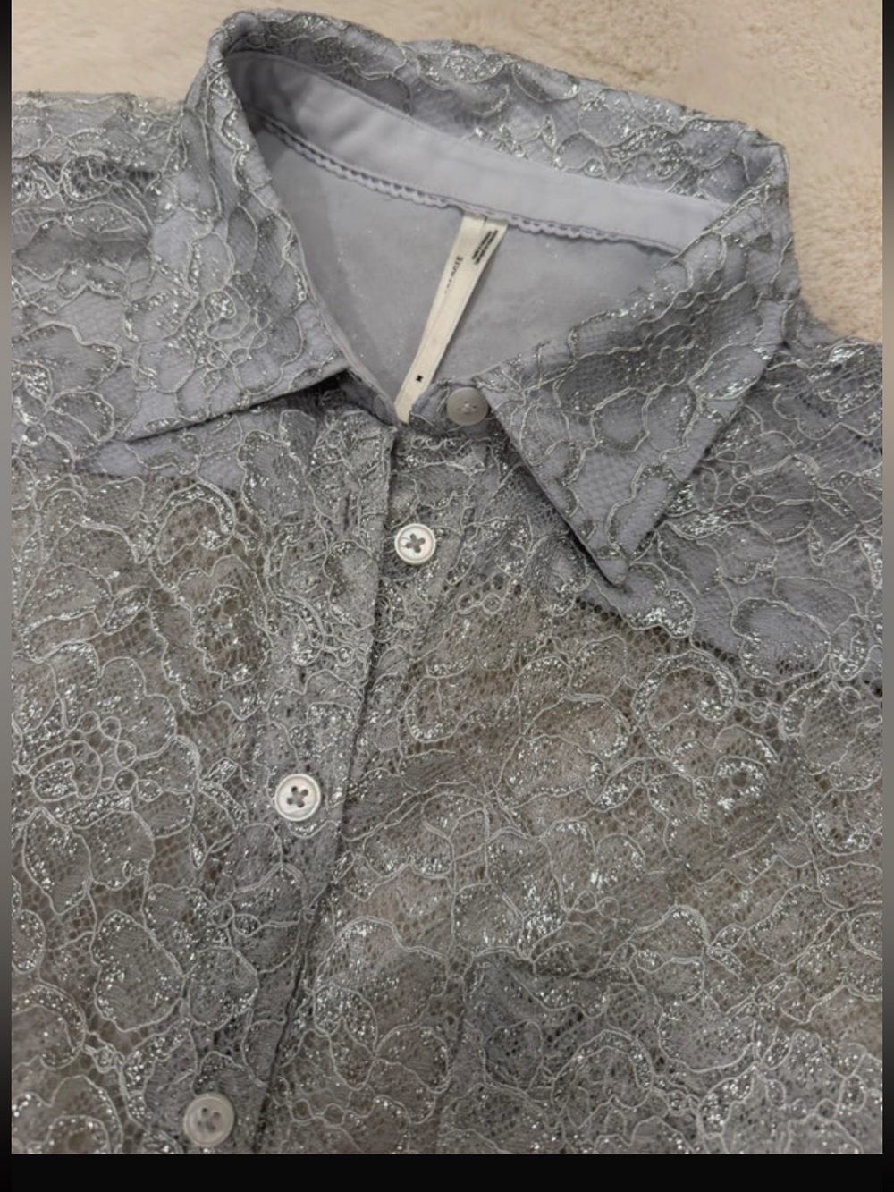 Anthropologie Silver Lace Button-Up Blouse